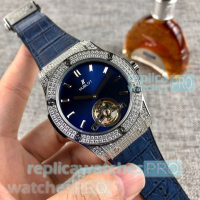 Copy Hublot Classic Fusion Tourbillon Blue Dial Silver Diamond Bezel Watch